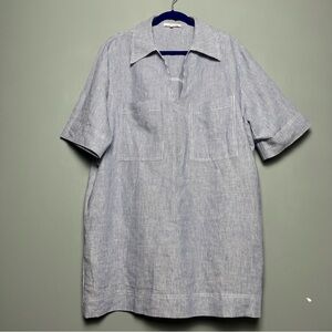 Olivaceous V-Neck Pinstripe Linen Shift Mini Dress Blue White Dress Women’s L
